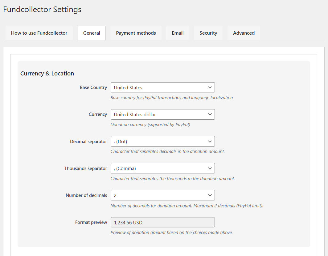 Currency and Location settings