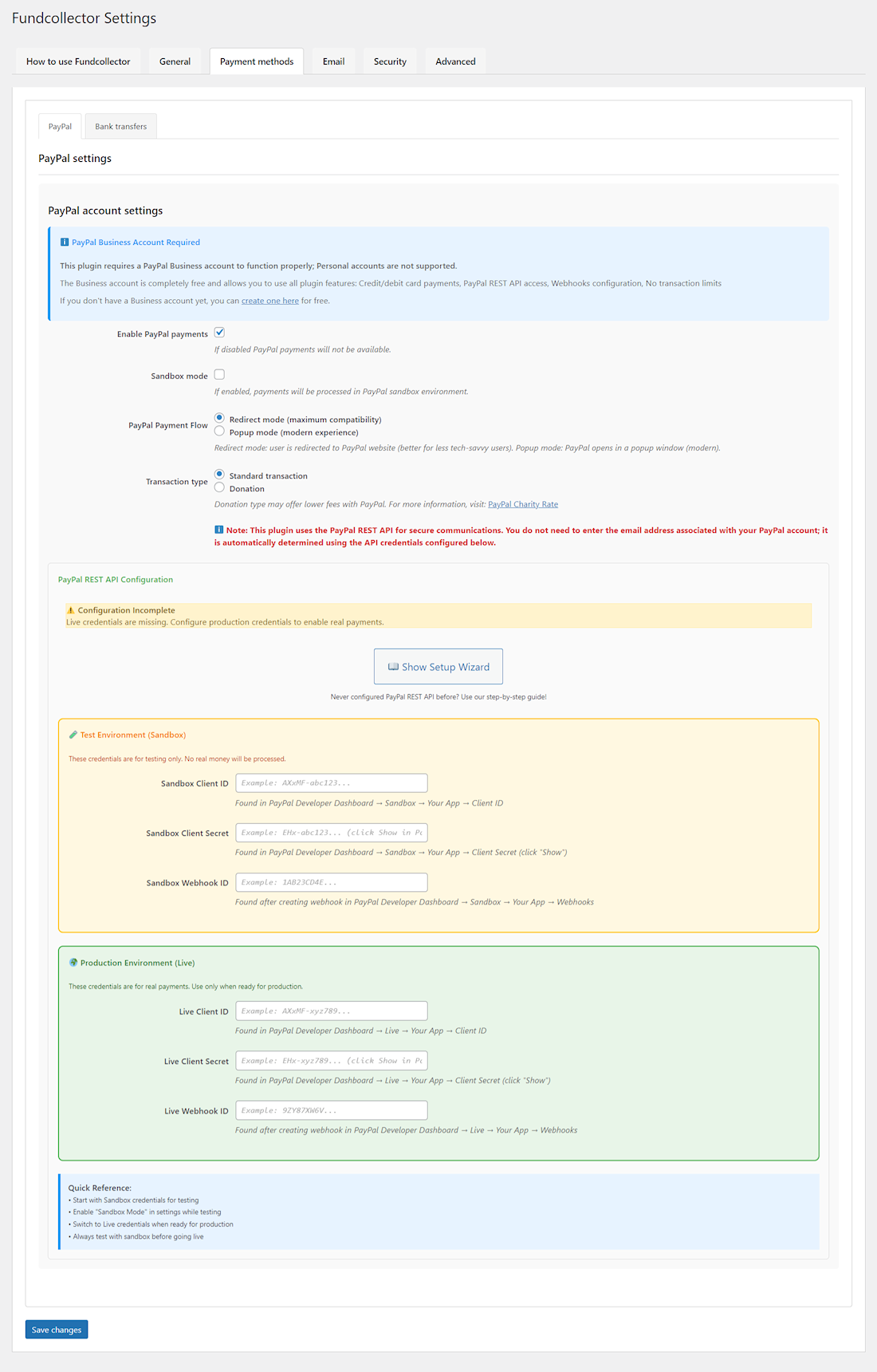 Payment methods - PayPal Settings