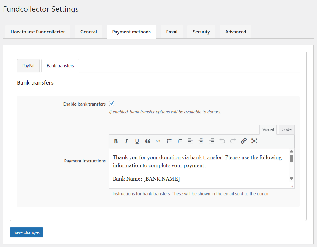 Payment methods - Bank transfer Settings