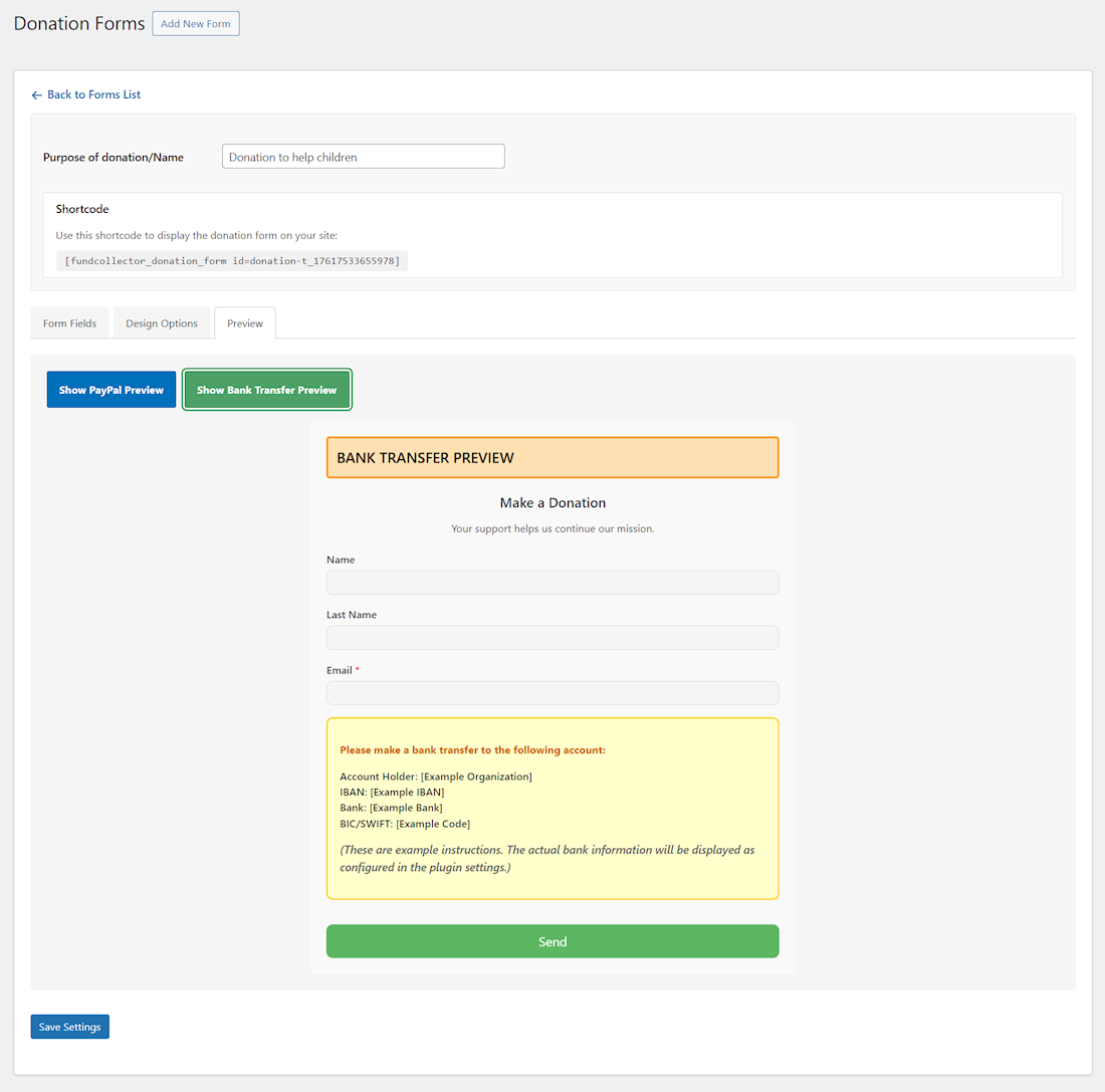 Preview of new form (bank transfer)