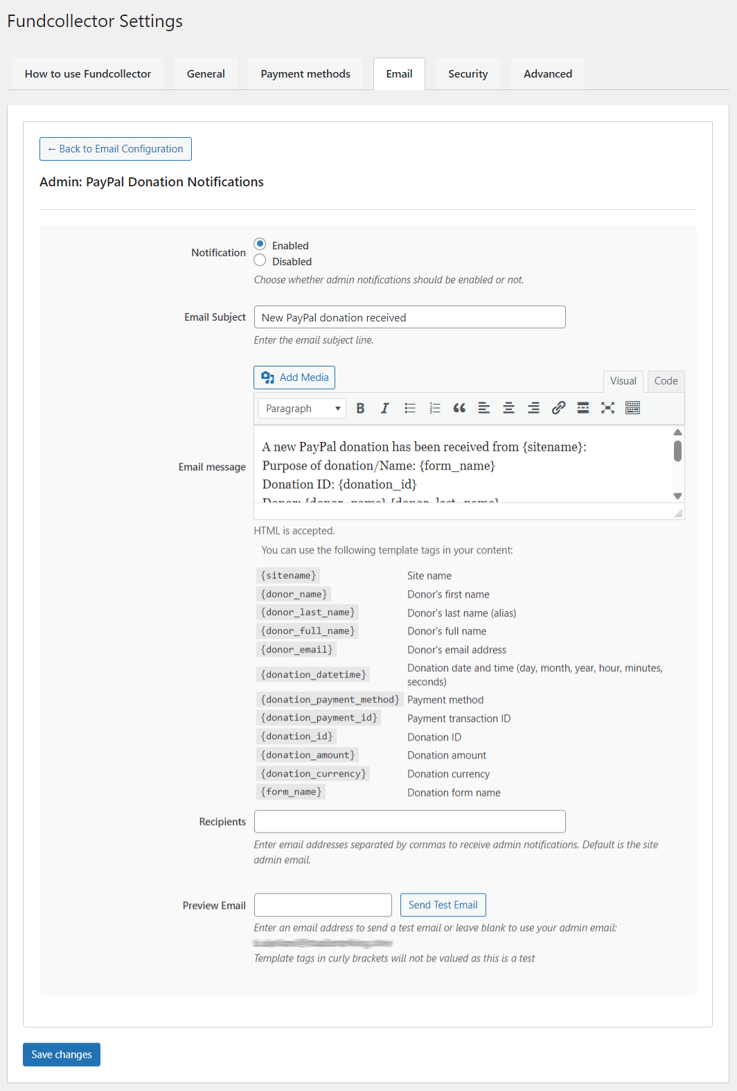 Email - Admin - PayPal Donation Notifications Settings