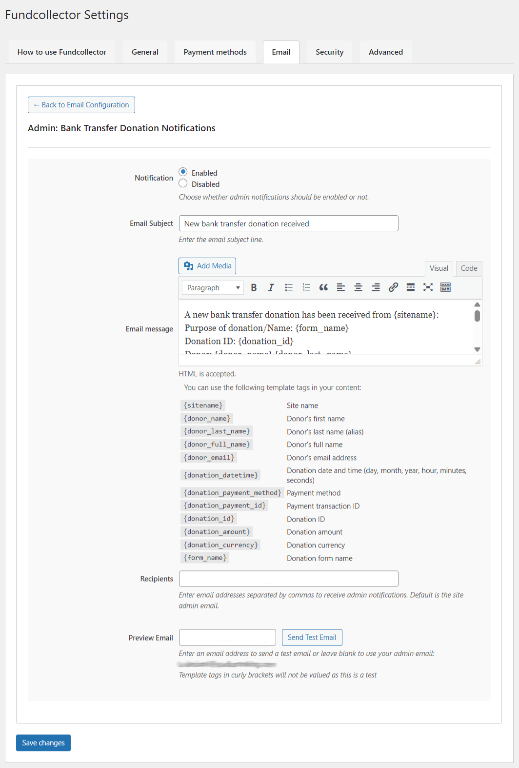 Email - Admin - Bank Transfer Donation Notifications Settings