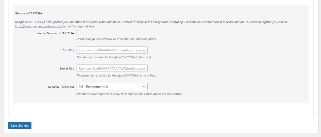 Security Settings - Google Recaptcha