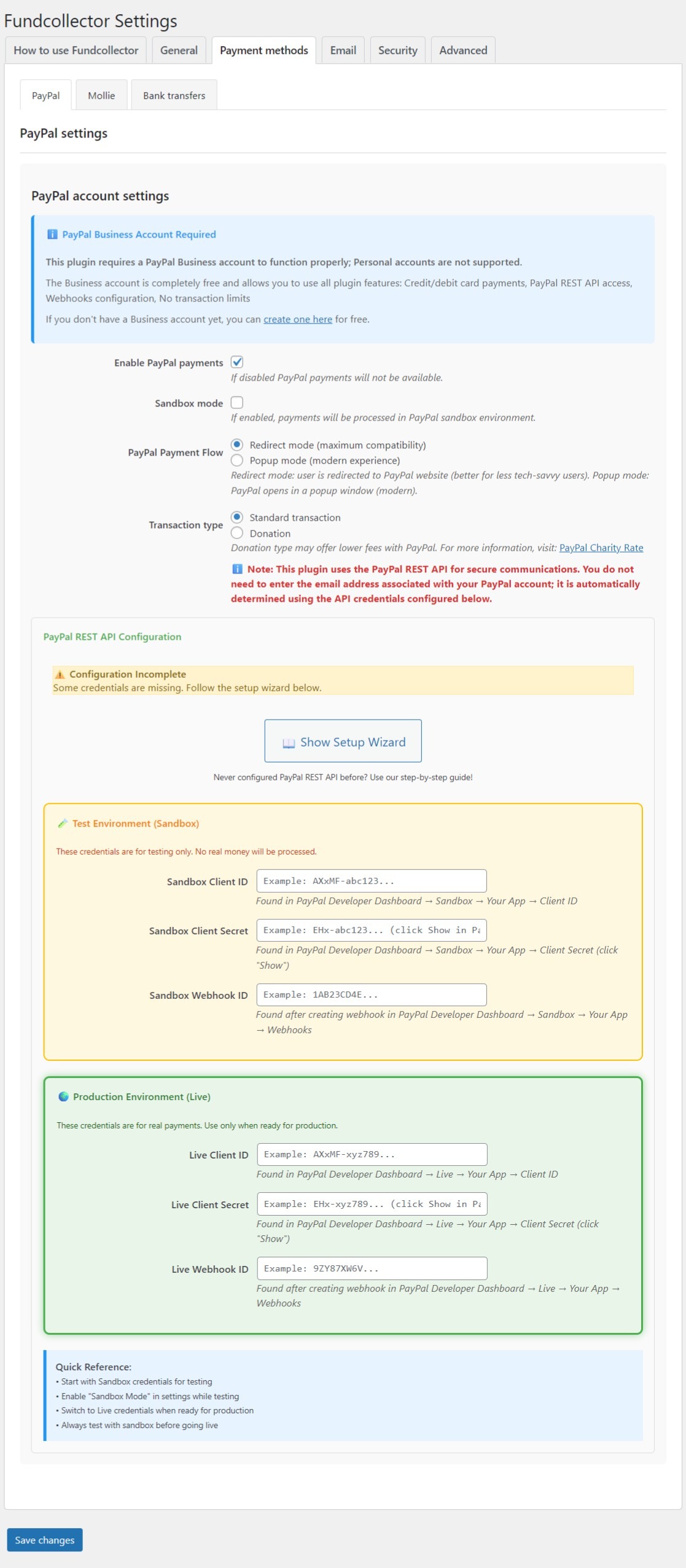FundCollector PayPal settings screen in WordPress Admin with sandbox and live API credential fields