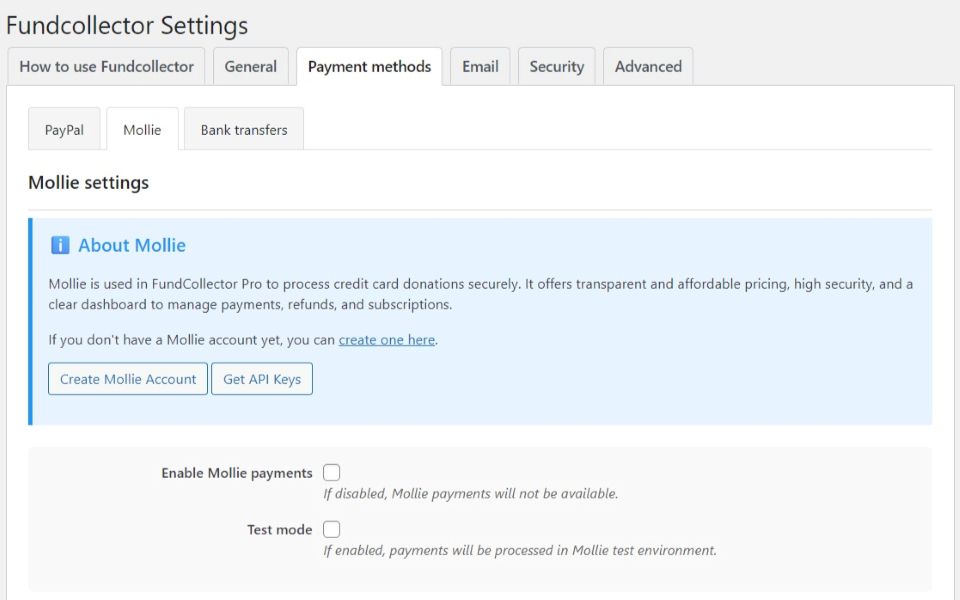 Mollie basic settings