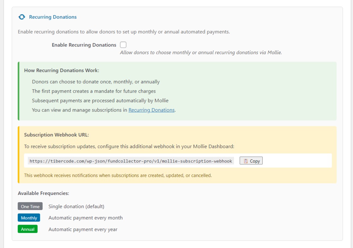 Mollie Recurring Donations Settings