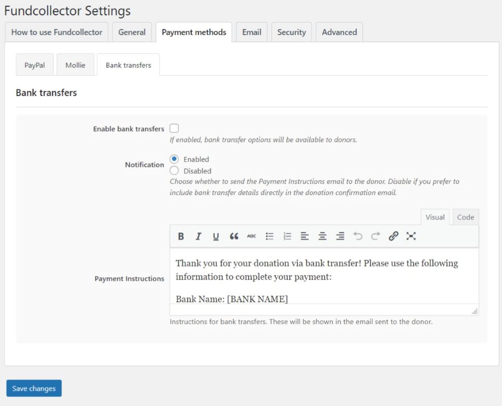 Bank Transfer Settings