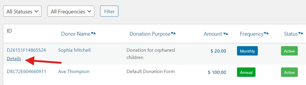 Recurring Donations - Details link