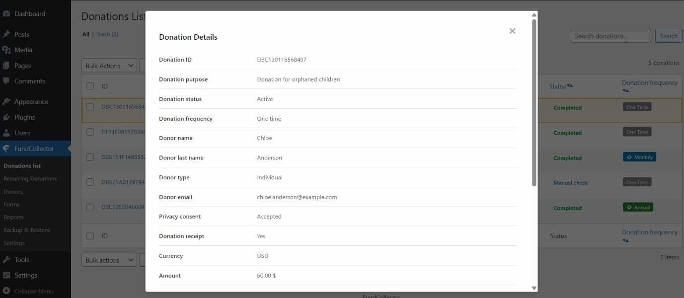 Donations List - Details window 