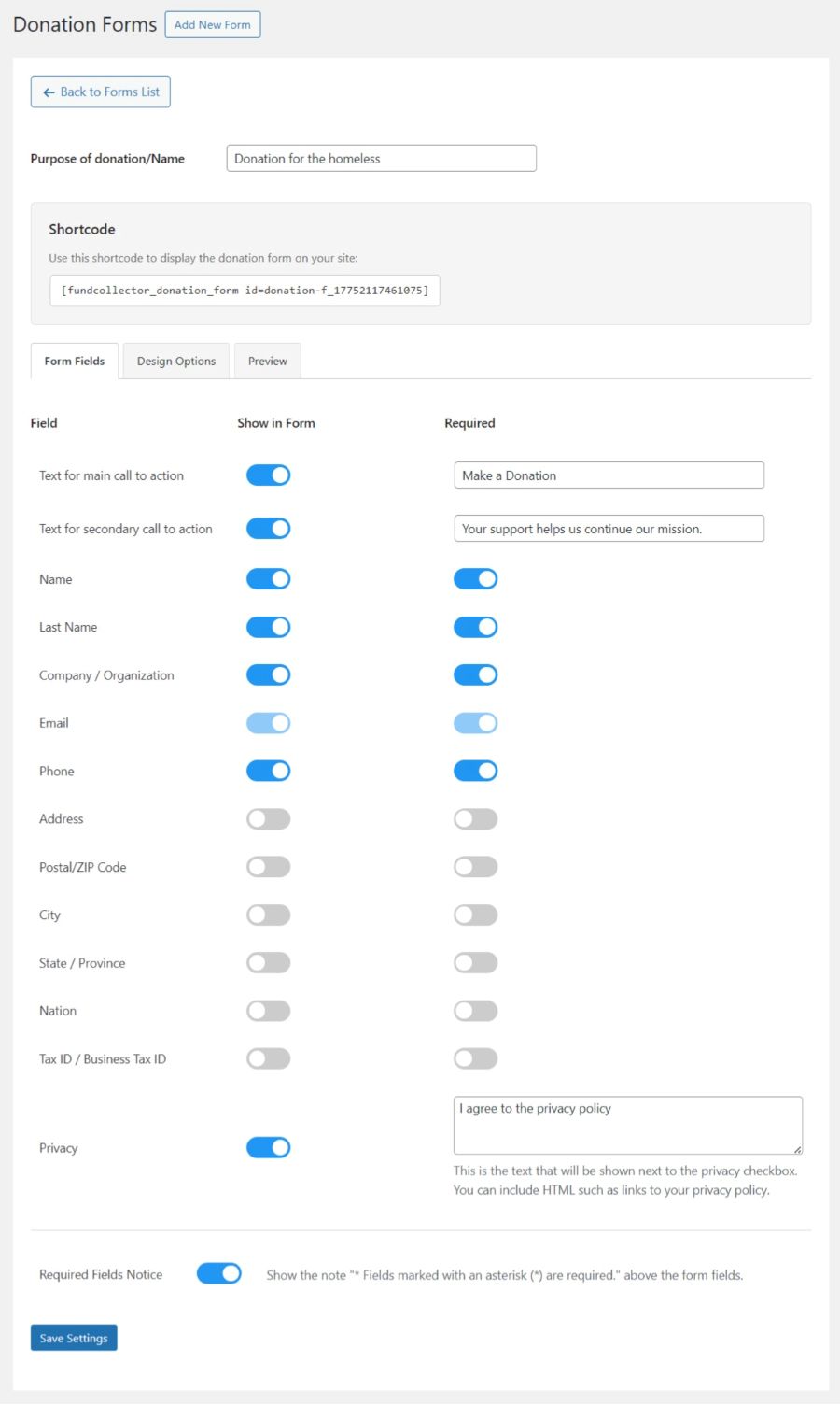 New Donation Form Settings