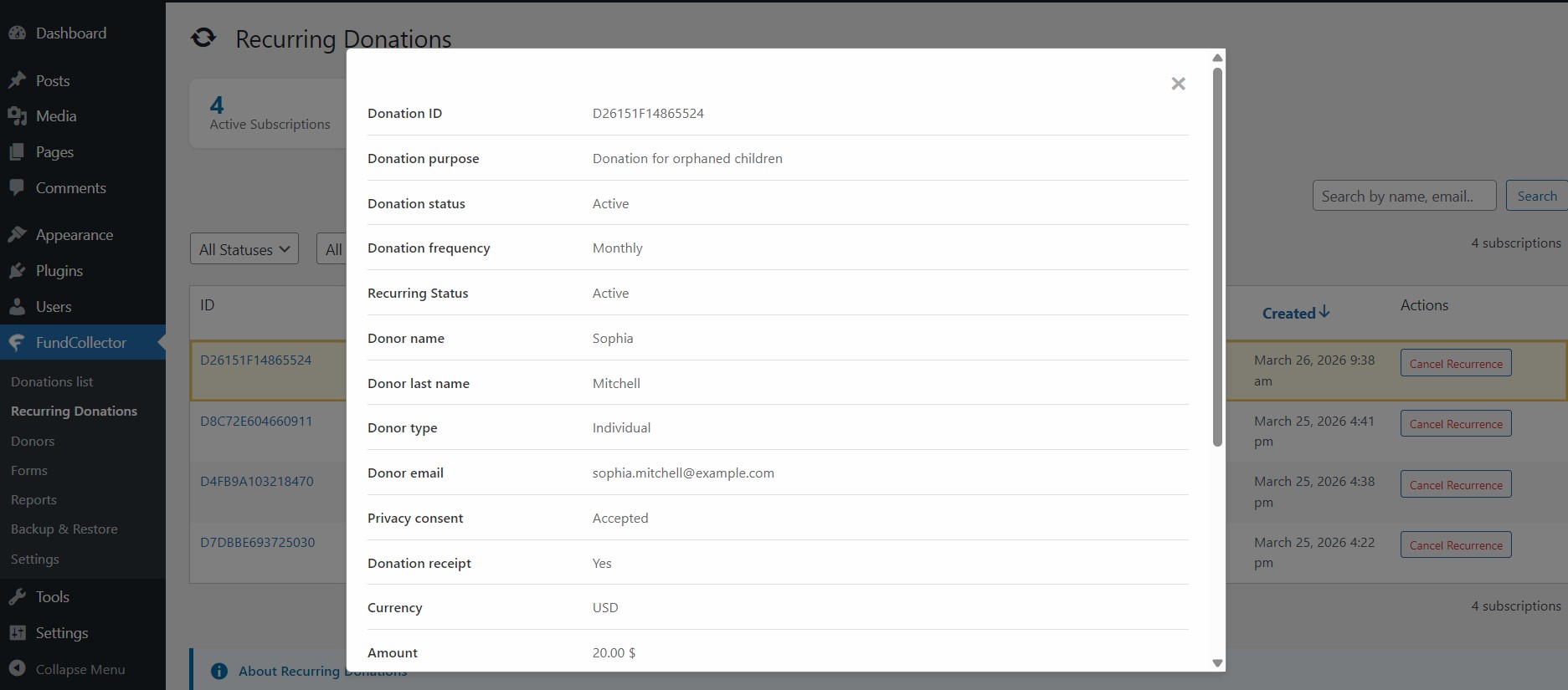 Recurring Donations - Details window