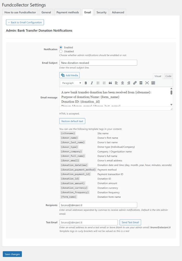 Email Settings for Bank Transfer Admin Notification