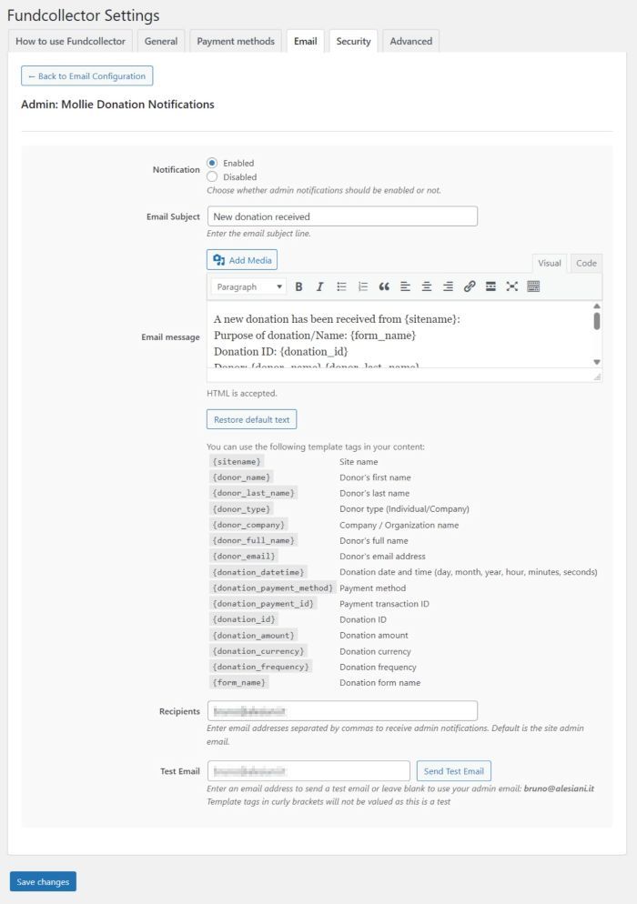 Email Settings for Mollie Admin Notification