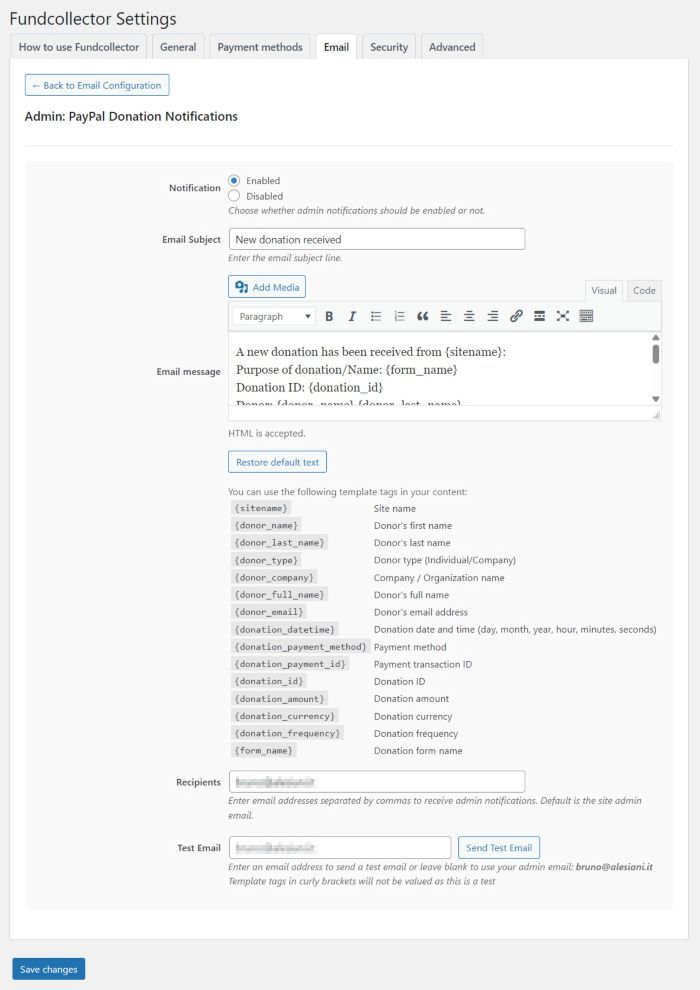 Email Settings for PayPal Admin Notification