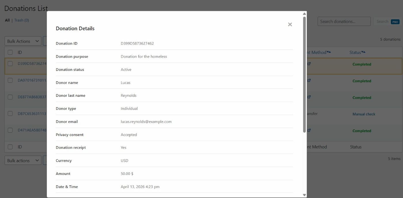 Donations Details Popup