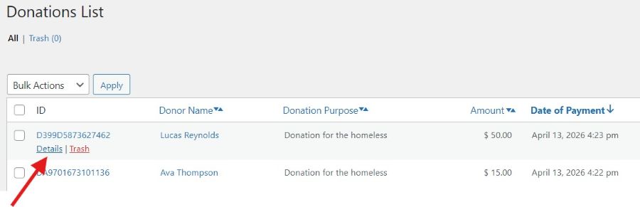 Donations List Details
