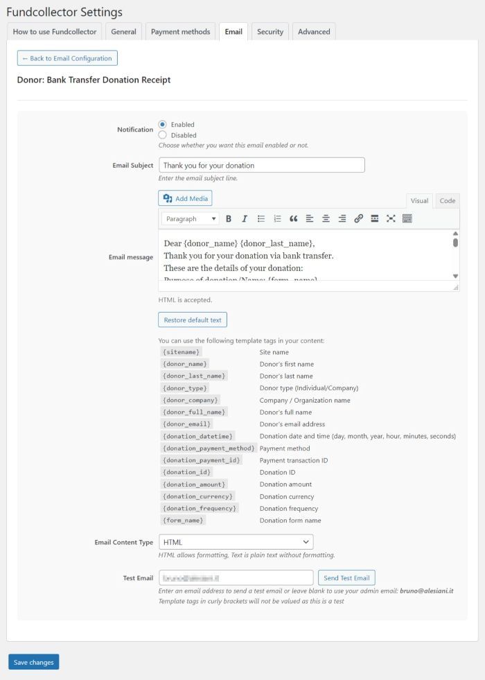 Email Settings for Bank Transfer Donation Receipt