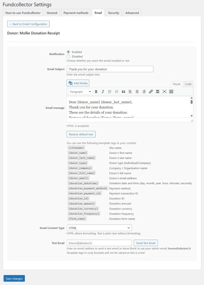 Email Settings for Mollie Donation Receipt