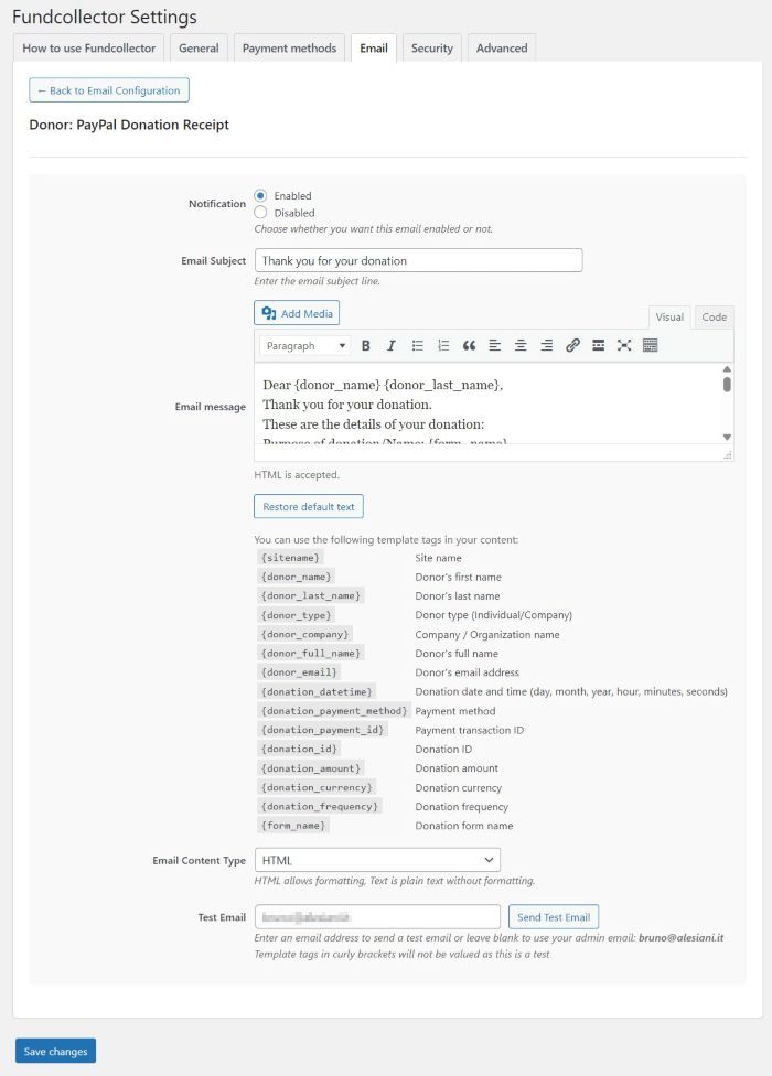 Email Settings for PayPal Donation Receipt