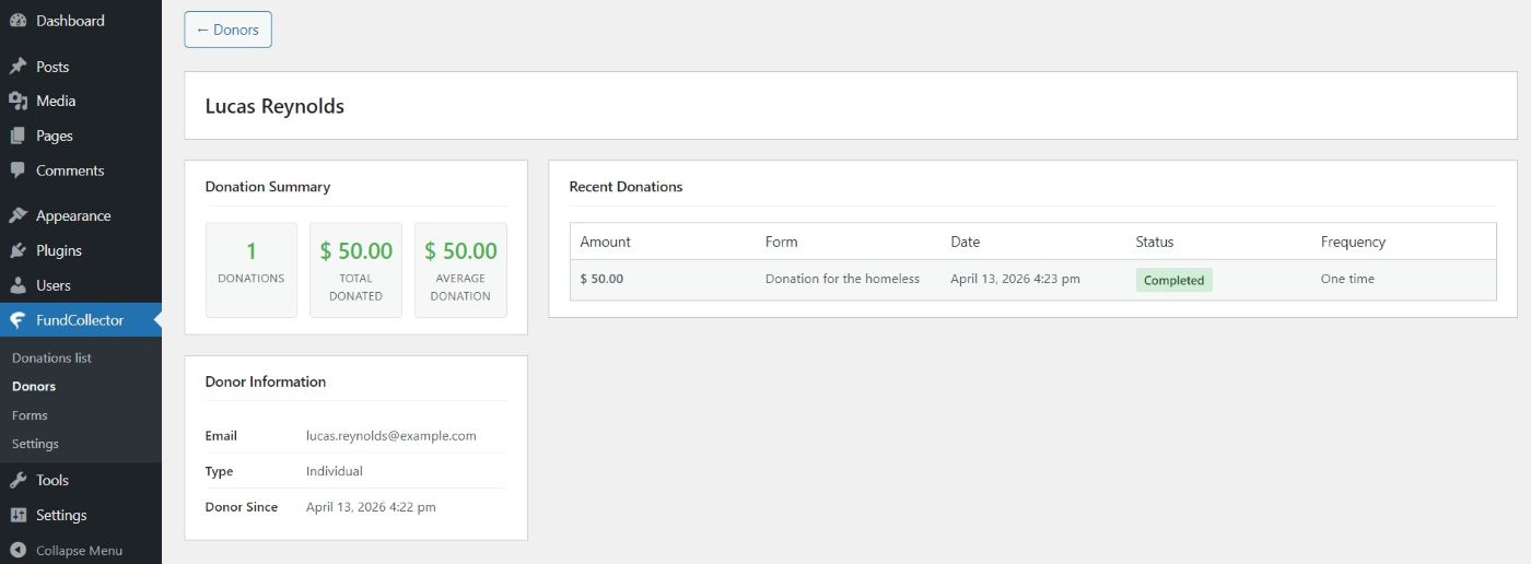 Donor details page