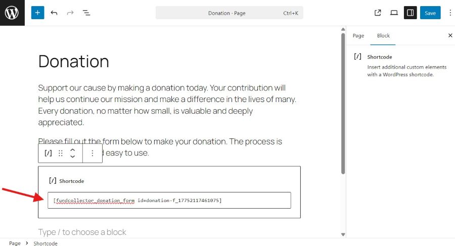 Embedded form in page or post with shortcode