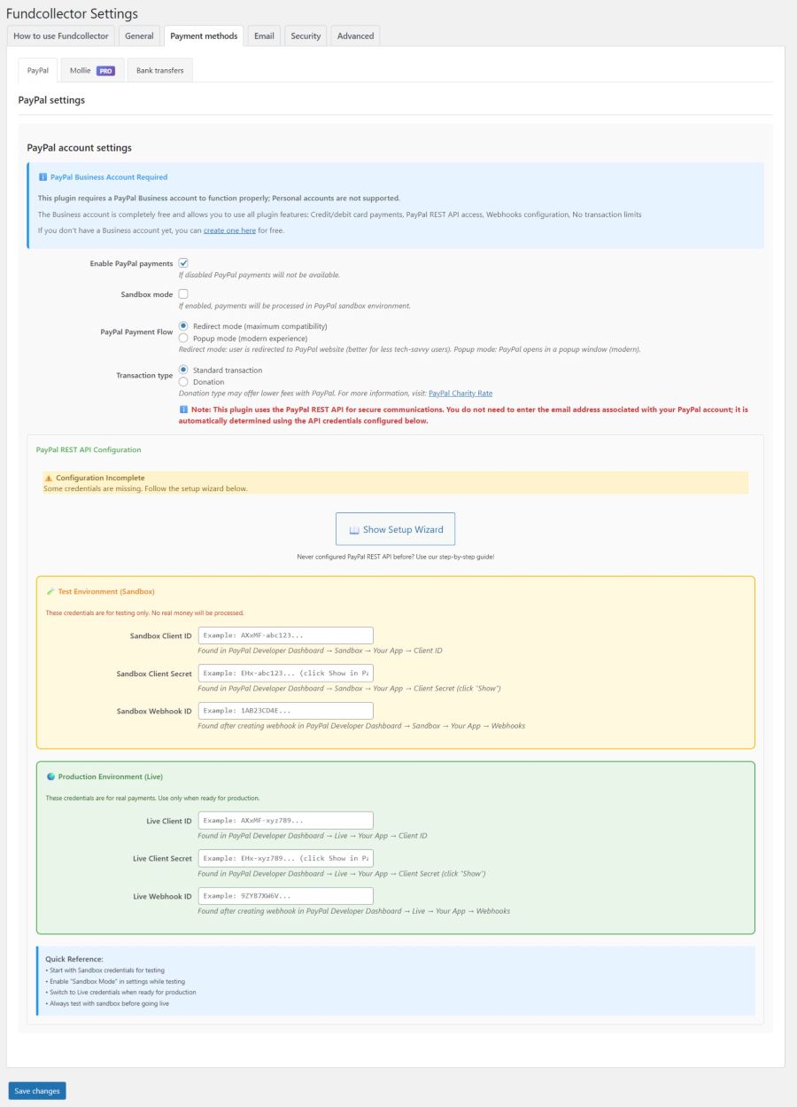 Payments Settings Free version