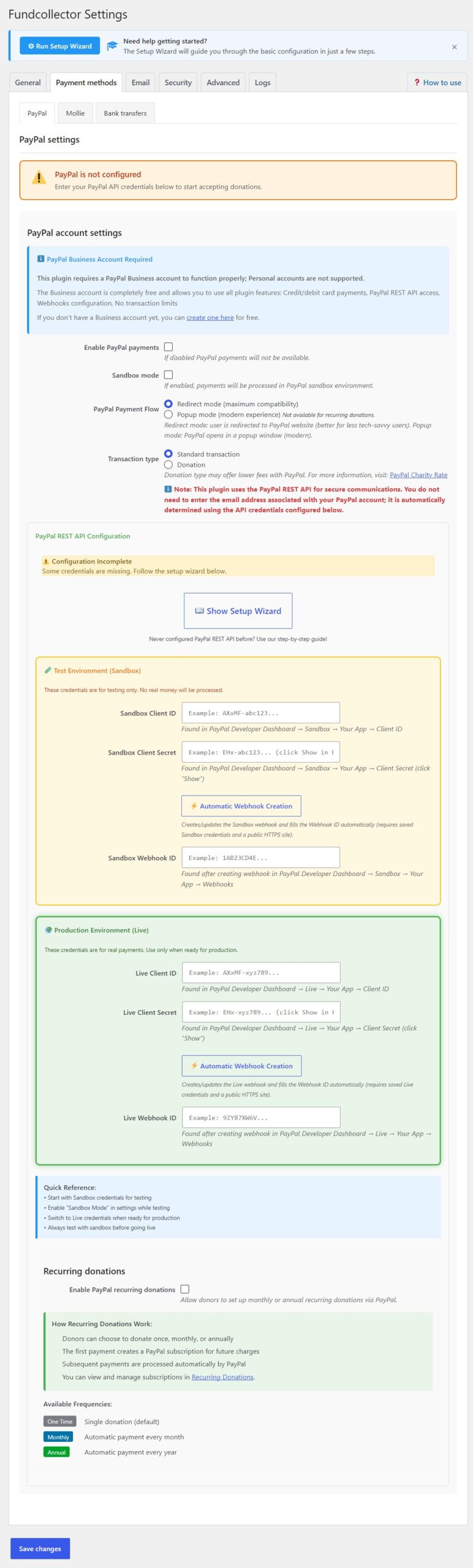 PayPal settings in FundCollector Pro