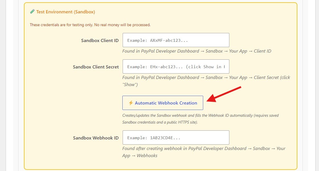 PayPal Sandbox REST API settings with automatic webhook creation in FundCollector Pro