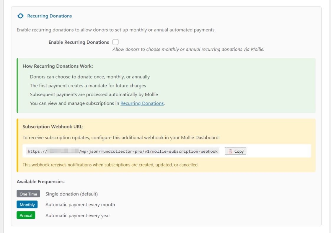 Mollie recurring donations settings
