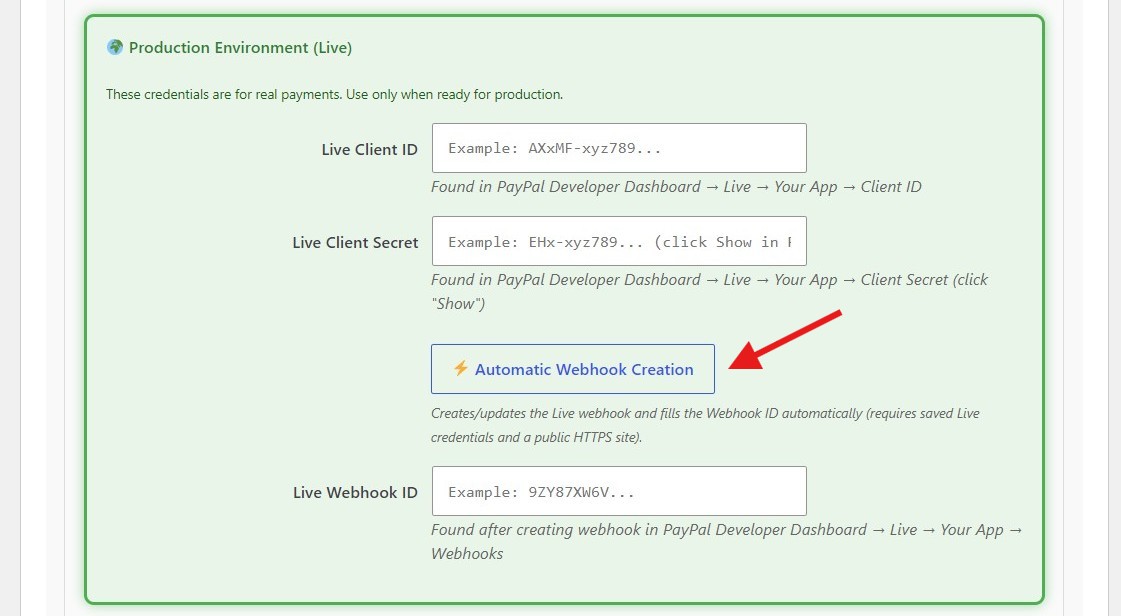 PayPal Live REST API settings with automatic webhook creation in FundCollector Pro