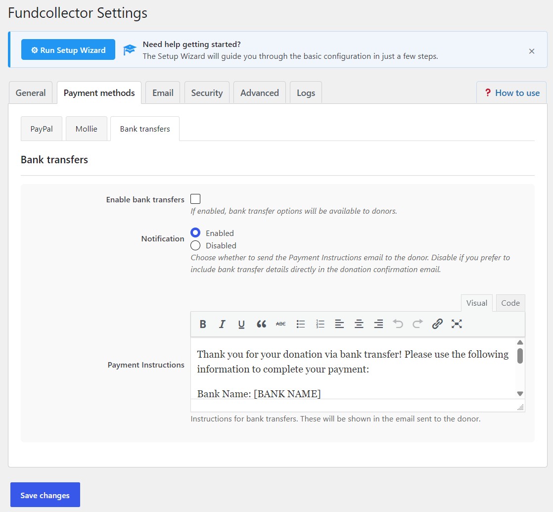 Bank Transfer settings