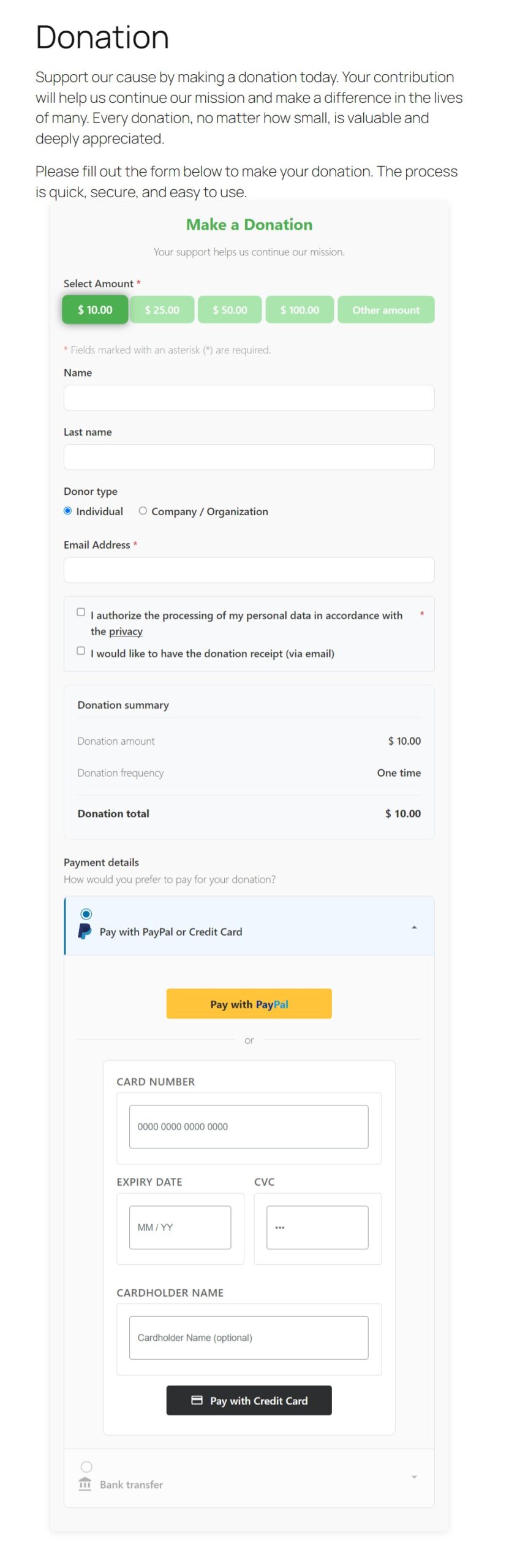 Donation form on the front end in FundCollector Free