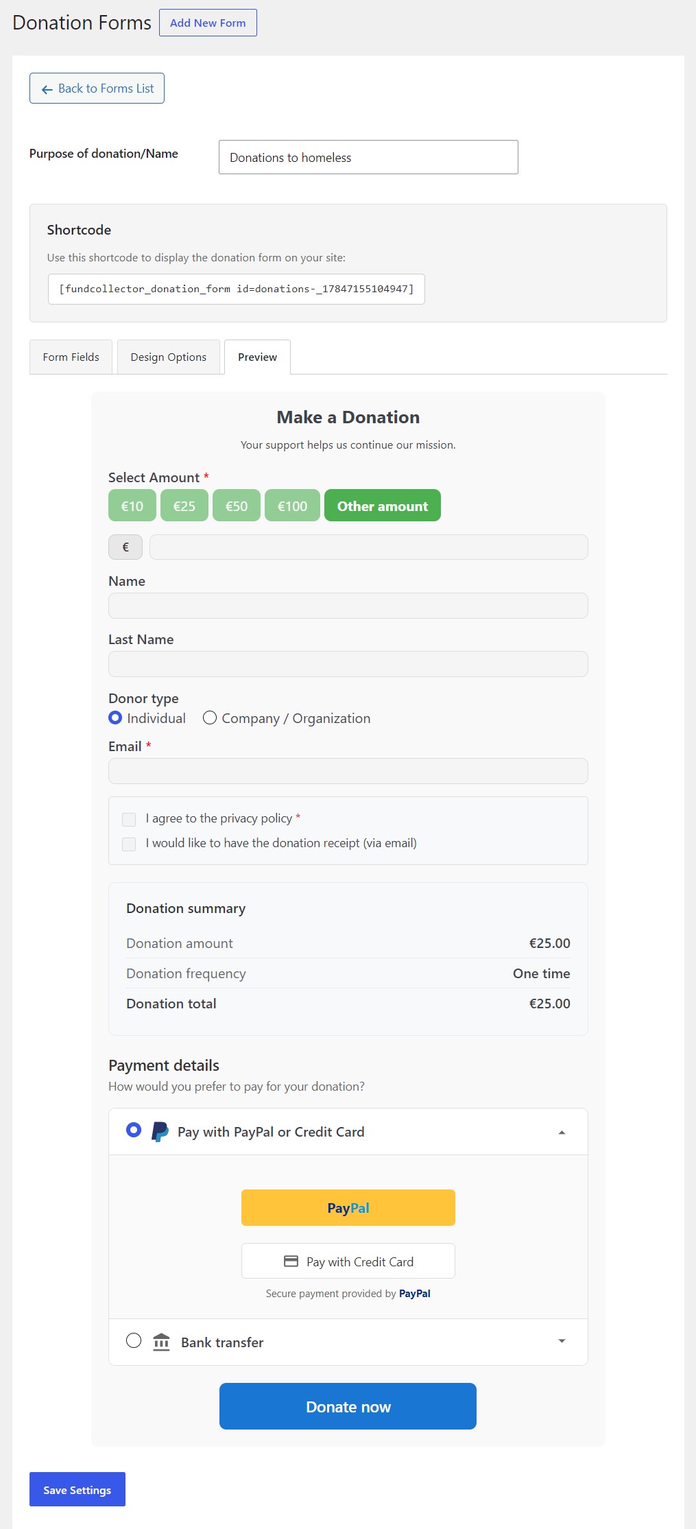 Donation form preview in FundCollector Free