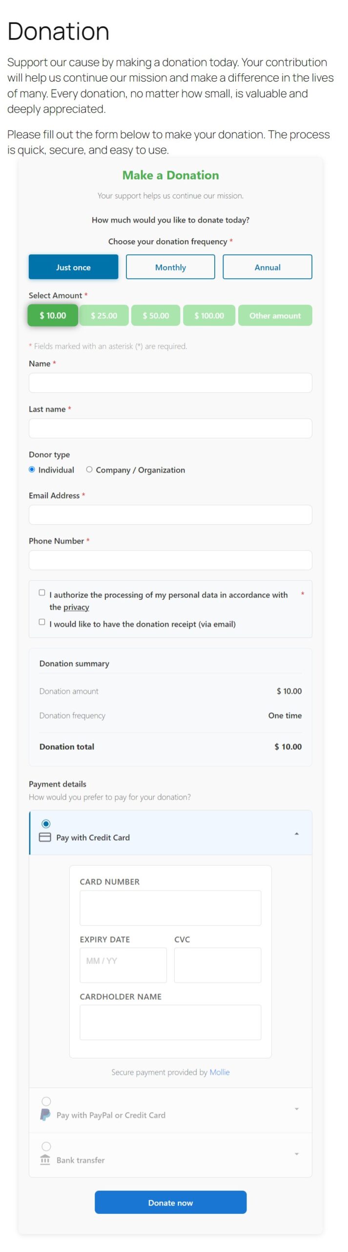 Donation form on the front end in FundCollector Pro