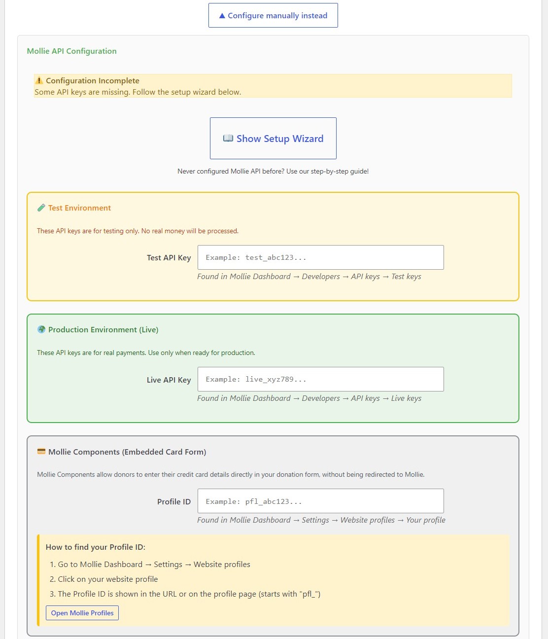 Mollie manual API settings