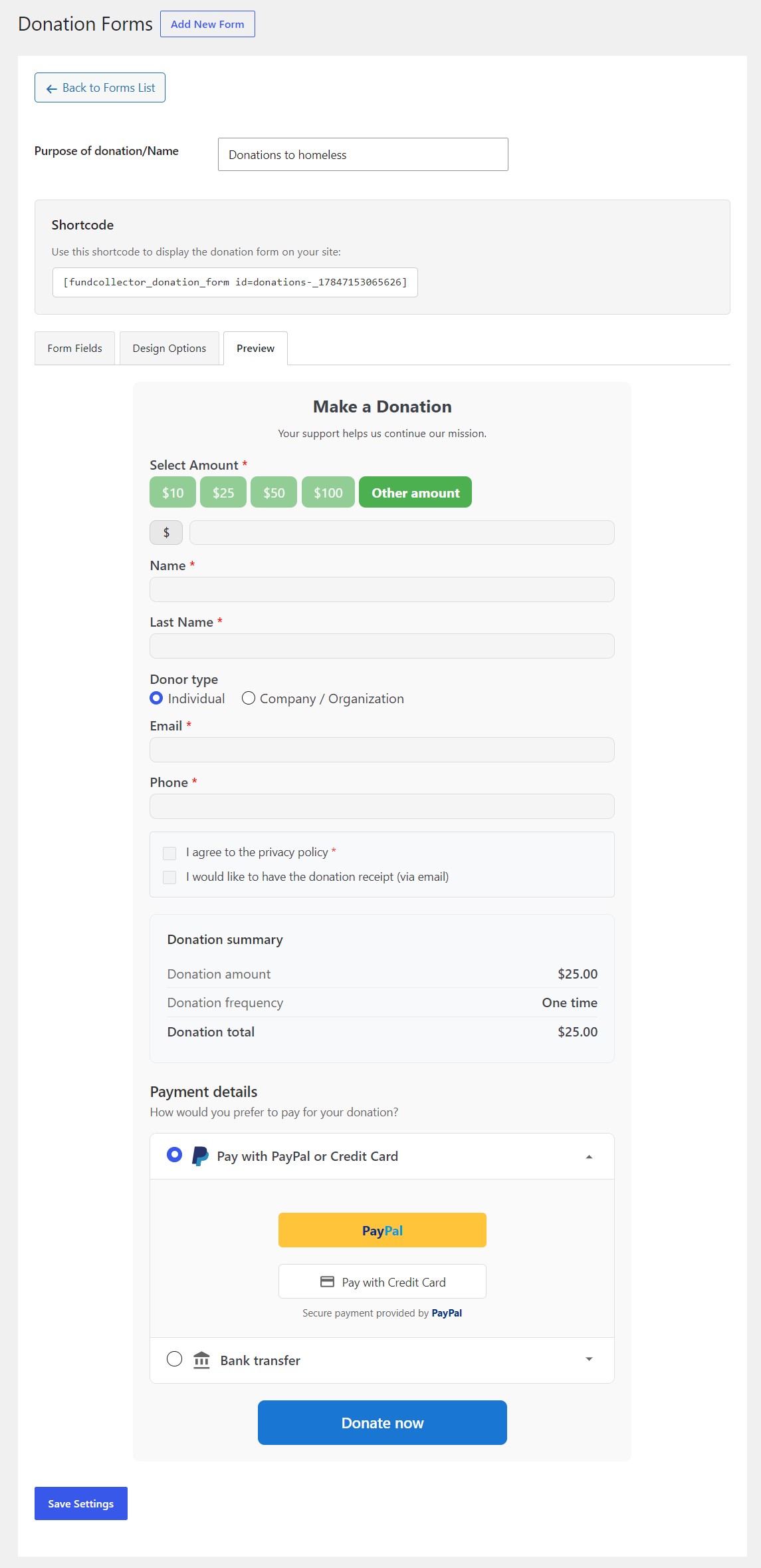 Donation form preview in FundCollector Pro