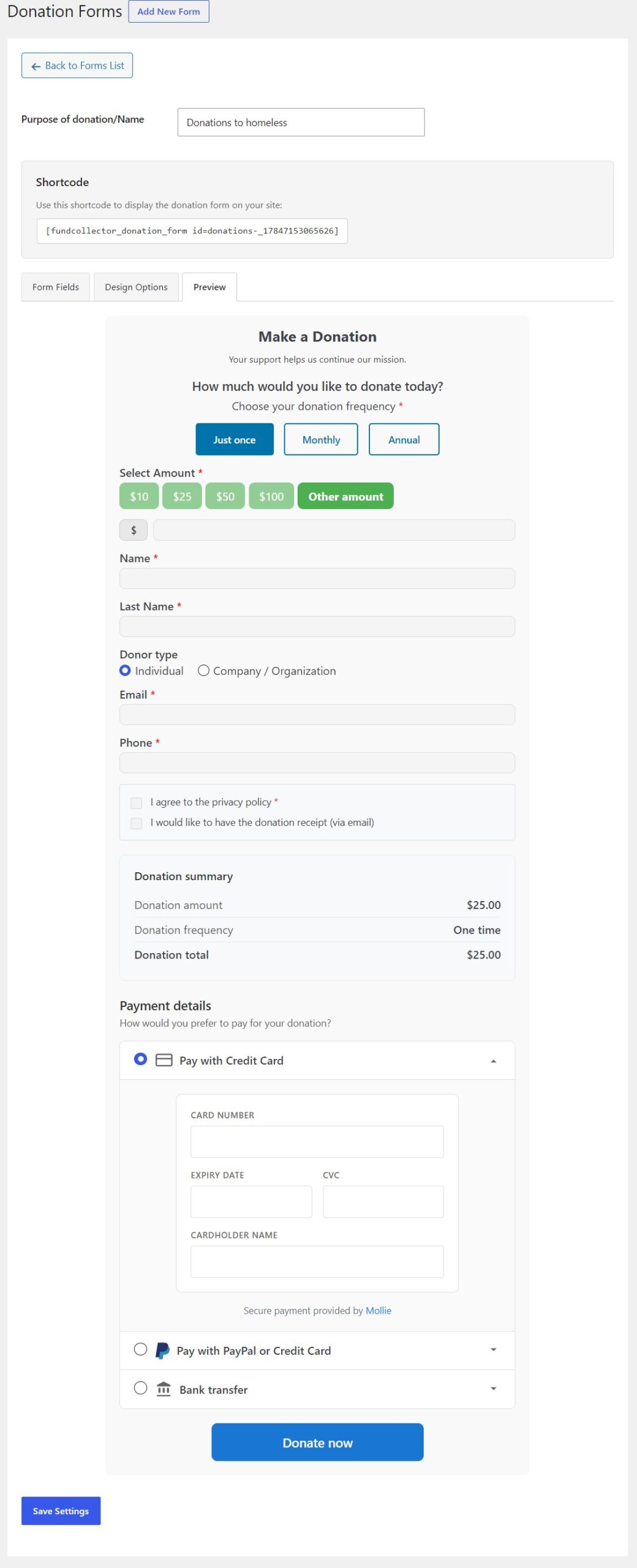 Donation form preview with recurring options
