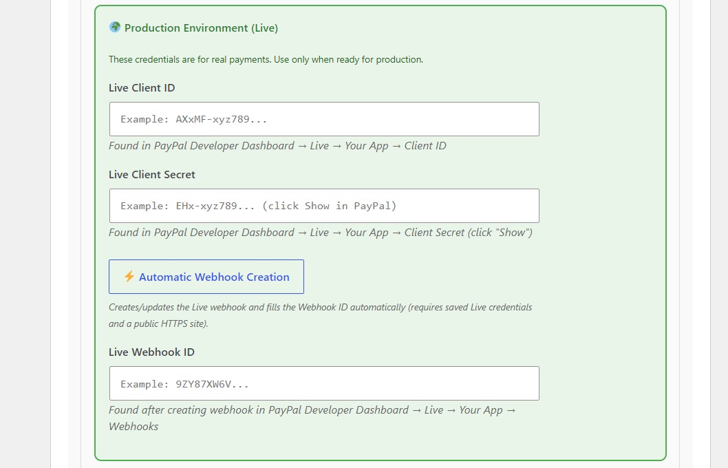 PayPal Live REST API configuration