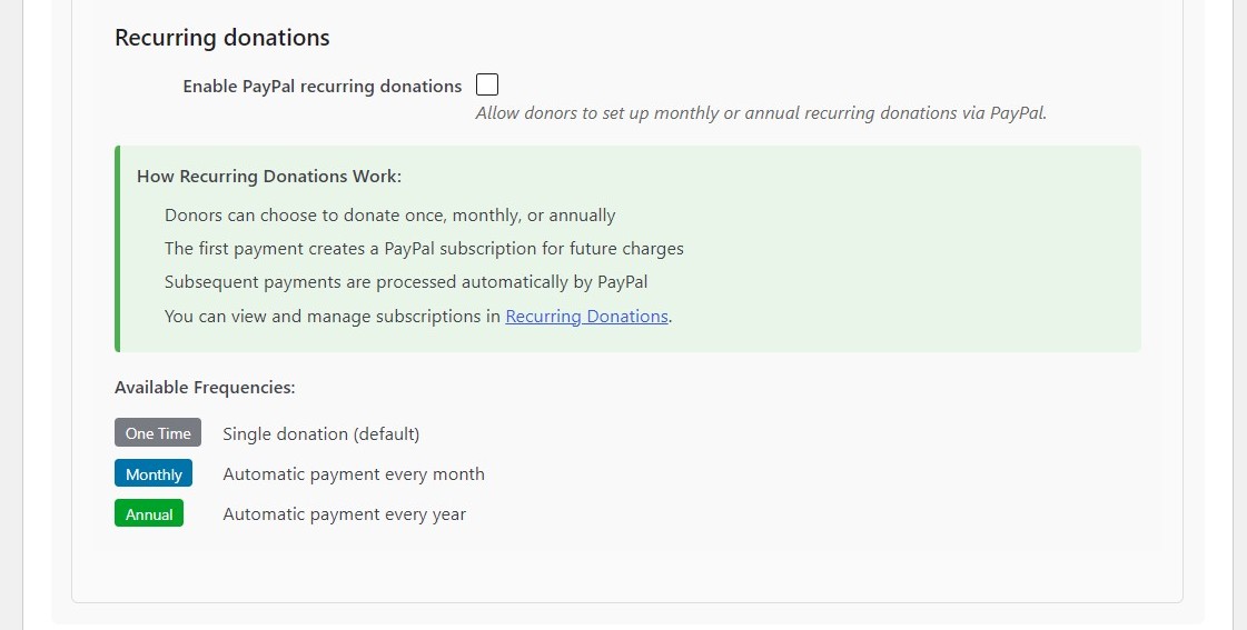 PayPal recurring donations settings