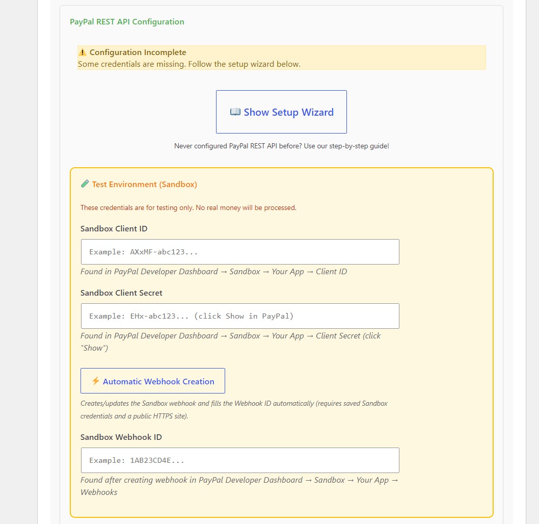 PayPal Sandbox REST API configuration