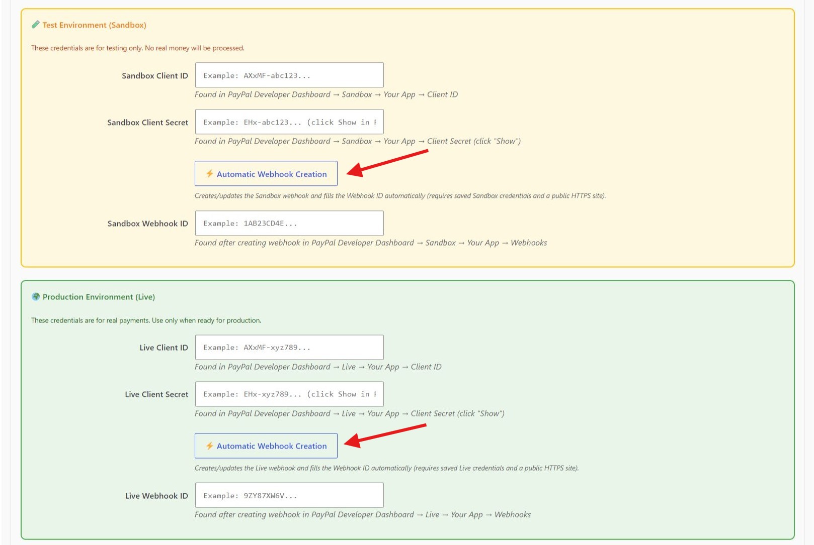 PayPal automatic webhook creation in FundCollector Free