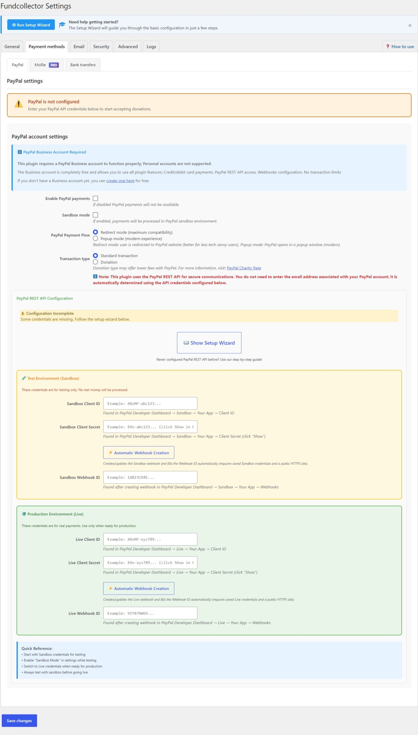 PayPal settings in FundCollector Free