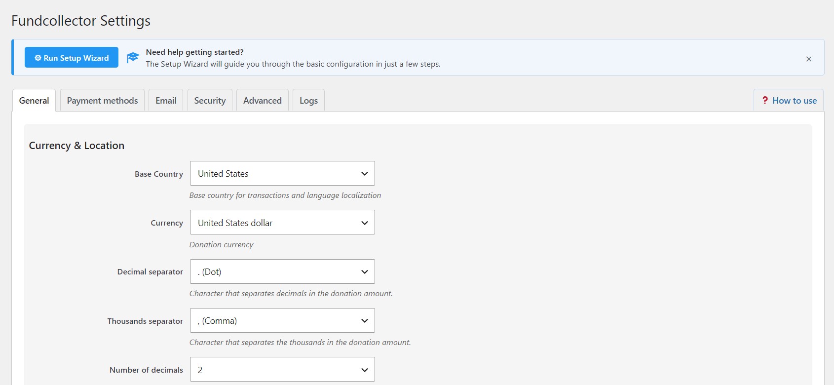 FundCollector Settings Page