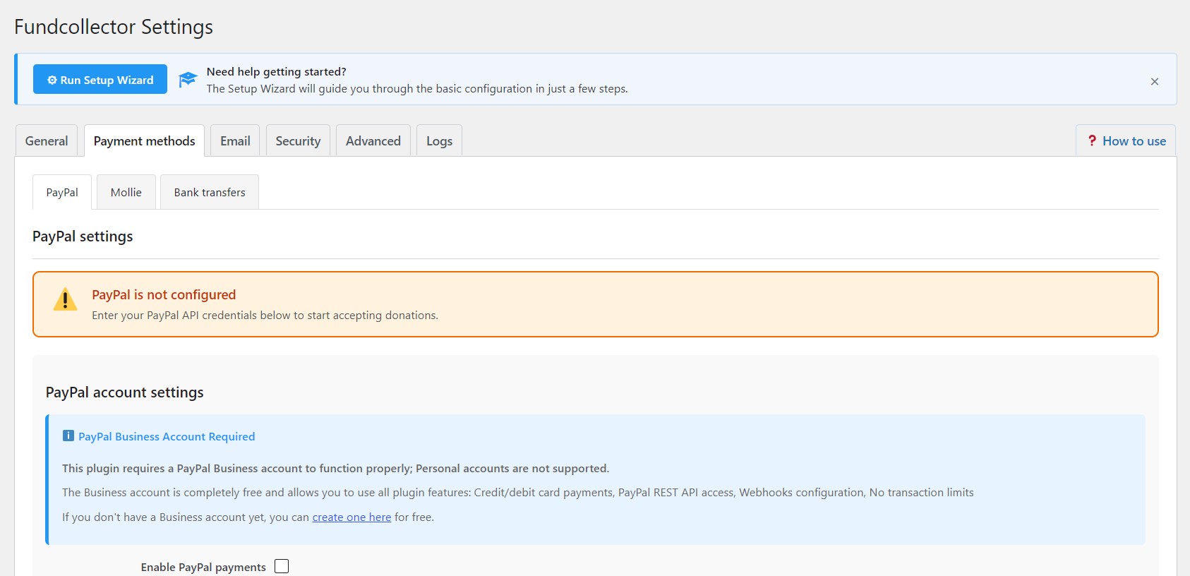 FundCollector WordPress admin - Payment methods settings with PayPal, Mollie and bank transfer tabs